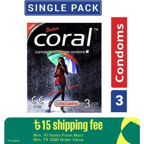 Coral- Long lasting extra time Lubricated Natural Latex Condom-Single Pack-3x1 = 3 Piece
