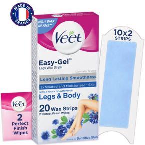 Veet Wax Strips for Arm, Leg, Underarm & Bikini Line, 20 One-Side Strips (2 Strips Patched together X 10) & 2 Perfect Finish Wipes for Long Lasting Smoothness, Sensitive Skin, Made in France