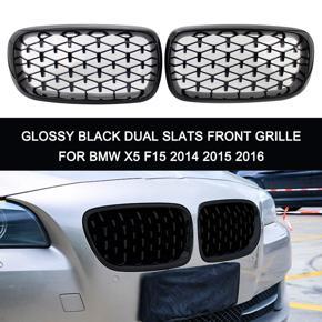 Glossy Black Dual Slats Front Kidney Grille Grill Left & Right Replacement for BMW X5 F15 2014 2015 2016