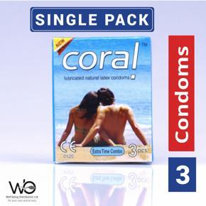 Coral - Extra Time Combo Lubricated Natural Latex Condom - Single Pack - 3x1=3pcs