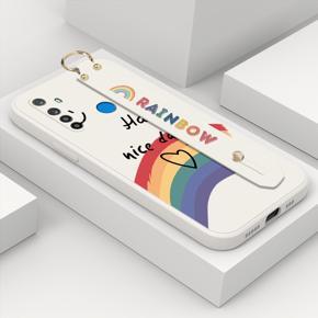 Hontinga for Realme 5i Wrist Strap Case Lovely Graffiti Rainbow Smile Thin Phone Cover Square Edge Liquid Silicone Creativity Phone Case