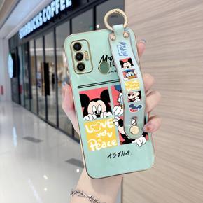 Hontinga for Tecno Spark 7 / Spark 7T Back Cover With Wristband Luxury 6D Plating Cartoon Mouse Case Soft Silicone Square Phone Cases