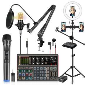 PULUZ Professional Microphone Live Sound Card Kit with Phantom Power and 1.6m Stand Selfie Ring Light, English Version