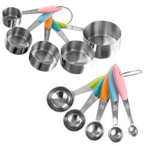 Measuring Cups and Spoons Set, Stainless Steel with Colored Silicone Handles and Metal Ring Hanger for Baking and Cooking by Classic Cuisine, 10 Piece