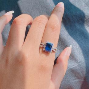 Blue Square Halo Cushion Zirconia Diamond Cut Sterling Ring