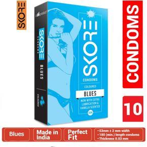 Skore Blue Condom - Extra Lubricated & Vanilla Scented - Large Single Pack - 10x1=10pcs Condoms