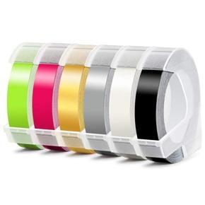 6 Roll Embossing Label Maker Tape 3D Plastic 9mm x 3Meter Embossing Label Tape White on Black/ Clear/ Silver/ Gold/Fluorescent Pink/Fluorescent Green for Dymo Label Maker
