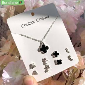 Four-leaf shaped black necklace With earrings clamping bone chain combination jewelry