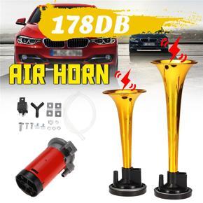 【2019 New】（Twin Tone-Golden-Universal）Plastic 178db Super Loud Air Horn Dual Trumpet Dukes Kit With Compressor For Car Motorcycle Train Truck Boat Lorry RV DC12V -