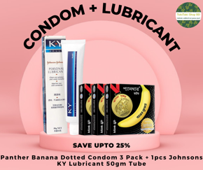 Condom & Lubricant Combo Pack - 3 Pack Panther Banana Flavor Condom + J&J's K Y Jelly Personal Lubricant 50g Tube