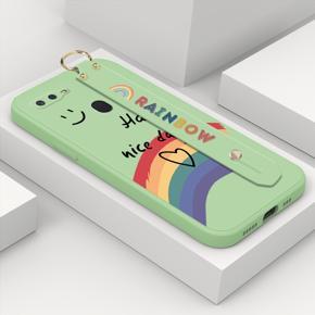 Hontinga for OPPO F9 Wrist Strap Case Lovely Graffiti Rainbow Smile Thin Phone Cover Square Edge Liquid Silicone Creativity Phone Case