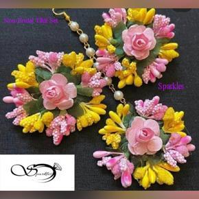 Artificial Flower Non Bridal Tikli Set Pink Color