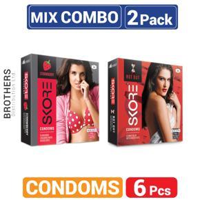 SKORE Mix - 1 Pack Strawberry & 1 Pack NOT-OUT Climax Delay With Raised Dots Condom - Total 6 pcs Condom