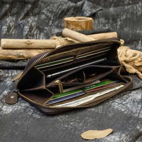 ORAS Premium Crazy Horse Leather Long Zipper Wallet for Men