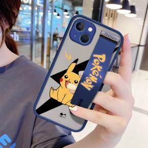 Hontinga for iPhone 13 Back Cover With Wristband Cartoon Pikachu Phone Casee Full Lens Protection Thin Frosted Cases