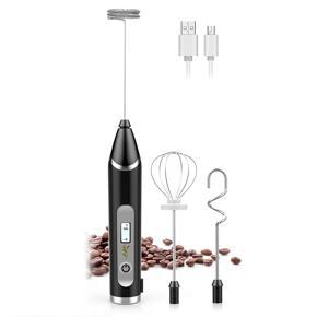 Milk Frother, USB Rechargeable Hand Mixer with 3 Stainless Steel Whisk LCD Display, 3 Speeds Handheld Frother Whisk