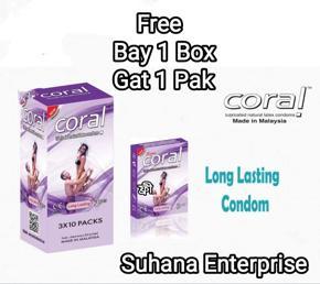 Coral - Long Lasting Extra Time Lubricated Natural Latex Condom Bay 1 Box Gat 1pak Free