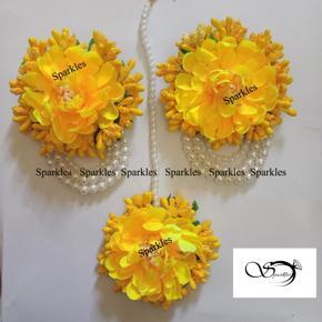 Non- Bridal Artificial Flower Jewellery Set  (Yellow Color) -3 pc