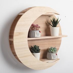 XHHDQES Nordic Round Wooden Wall-Mounted Moon Shaped Frame Simple Art Hanging Flower Pot Storage Shelf Home Supplies