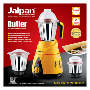 Jaipan Buttler Mixer Grinder (Yellow/Black) 750-Watts