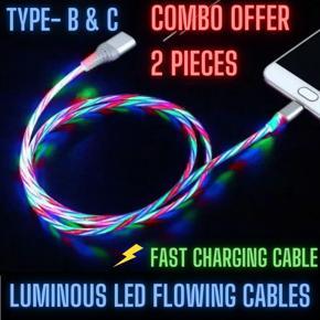 Luminous Two Pieces Type- B & C Cable Cord Led Light Up USB Charging Cable Led Flowing USB C & Micro Charger Cord Fast Charging Line Glow in the Dark