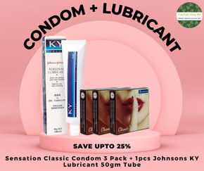 Condom & Lubricant Combo Pack - 3 Pack Sensation Classic Condom + J&J's K Y Jelly Personal Lubricant 50g Tube