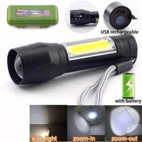 USB Rechargeable LED Mini Flashlight - Torchlight + COB LED Torchlight Micro USB Charging System Handheld Focus Portable Tactical Flashlight Torch of Zoomable. With New Stylish Fashionable Storage Box