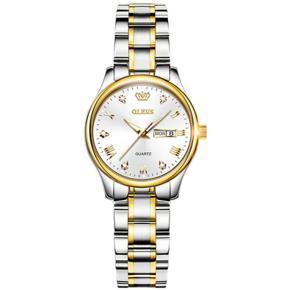 "Olevs 5563 Silver & Golden Two Tone Stainless Steel Analog Wrist Watch For Women - White & Silver & Golden "