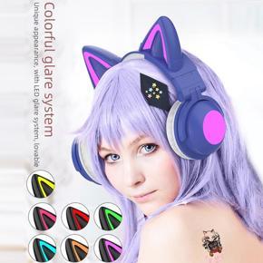 C-at Ear Headphone Bluetooth girls headphone gaming earphone colorful light Foldable Wireless Headset with Mic