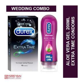 Durex Combo Wedding Pack Extra Time Condoms - 10Pcs + 2 in 1 Massage Aloe Vera Lube Gel - 200ml
