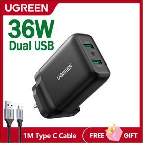 UGREEN USB 36W QC 3.0 Quick Wall Charger Adapter 2-Port USB Travel Plug for iPhone iPad Galaxy S21 S20 S10 S9 S8 A10s Huawei P40 P30 P20 Lite