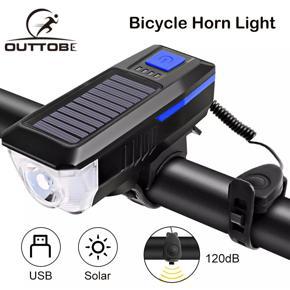 Outtobe Bike Light Solar Light USB Charging Light Bicycle Bell Horn Lamp Bike Flashlight Bike Front Light USB Solar Powered Rechargeable Waterproof Cycling Headlight with 3 Lighting Modes Mountain Roa