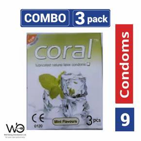 Coral - Mint Flavors Lubricated Natural Latex Condom - Combo Pack - 3 Packs - 3x3=9pcs
