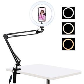 （Ready Stock）PULUZ 10.2 inch 26cm Ring Curved Light + Desktop Arm Stand USB 3 Modes Dimmable Dual Color Temperature LED Vlogging Selfie Photography Video Lights with Phone Clamp(Black)