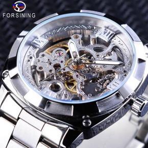 FORSINING F207 Men's Automatic Mechanical Hollow Watch Luxury Steel Strap Calendar Luminous Fashion Casual Watch