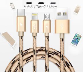 TREQA 3-In-1 USB Data Cable Aluminium Alloy charging Cable For Android/ IOS/ Type-C