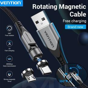 Vention USB Magnetic Cable 3A 5A USB A Male To Micro B Male & USB C Male 2 in 1 Magnetic Fast Charging Cable Safely Free From Plug in or out Nylon Braided Cord For Samsung Google Lenovo HuaWei XMi Mic