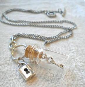 Miniature Glass Bottle Imported (UK) Necklace Filled wtih Key, Ball Chain Necklace Pack OF 2 LOCKET & CHAIN