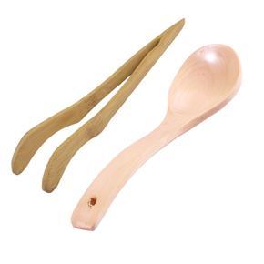 BRADOO- Wood Color Bamboo Chinese Kongfu Tea Tong Tweezers Teaware 6.9 inch Long & Household Kitchen Wood Round Head Rice Scoop Soup Ladle Spoon 7.5 inch Long