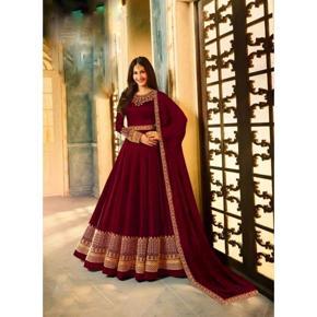 Maroon Gerogette Embroidery Semi Stitched Gown Dress For women