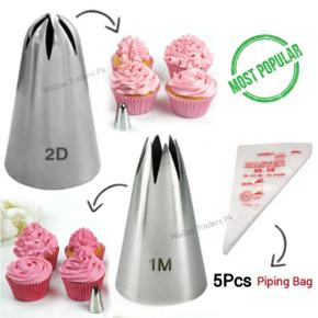 POPOLAR 1M And 2D Stainless Steel Nozzle , 5PCs Piping Page , Open Star Tip Pastry Cookies Tools Icing Piping Nozzles Cake Decorating Cupcake Creates Drop Flower