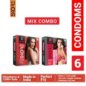 Skore Mix Combo - 1 Pack Not Out, 1 Pack  Strawberry Flavored Climax Delay With Raised Dots Condom - Combo Pack - 3x2=6pcs Condoms