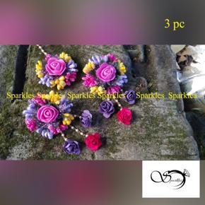 Artificial Flower Non-Bridal Earrings Tikli Set - 3pc Purple Color