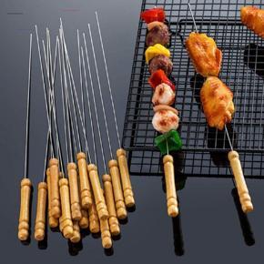 12Pcs Stainless Steel Barbecue String with Wooden Handle BBQ Stick Needles