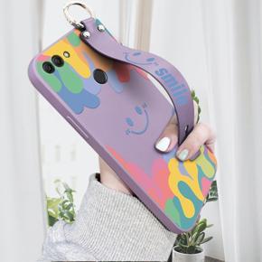 Hontinga for Huawei Y9 2018 Back Cover Wrist Strap Soft Candy Color Splash Ink Case Square Printed Pattern Liquid Silicone Phone Cases