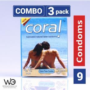 Coral - Extra Time Combo Lubricated Natural Latex Condom - Combo Pack - 3 Packs - 3x3=9pcs