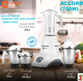 Orient Accrod 750 Watts Heavy Duty 4 Jars Mixer Grinder / Blender / Juicer (Made in India)