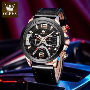 OLEVS Fashion Hip Hop Watch For Men Large Dial Multifunctional Chronograph Luminous Sports Waterproof Leather Men Watch - 9915