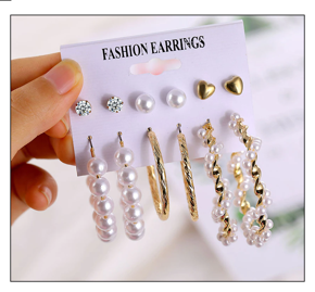 New Trendy 6 Pairs = 12 Pcs Pearl Stud Earrings Set for Girls Simple Stylish Fashion New Collection - Earrings Set for Women Stylish Simple Fashion/ Bohemian Tassel Acrylic Big Geometric Pearl Rhinest