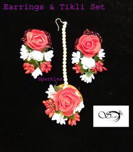 REd & White Color Artificial Flower Earrings & Tikli Set
